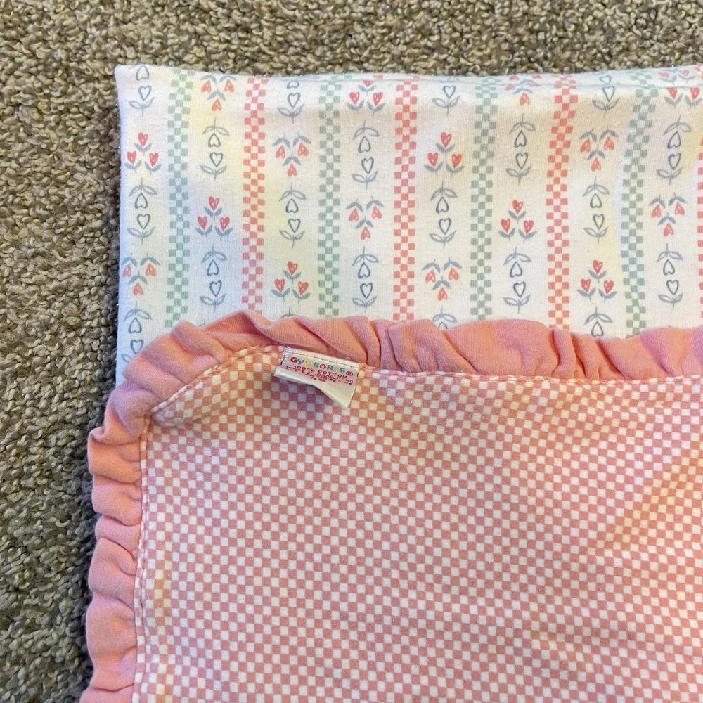 Vtg Gymboree Checkered Flowers Hearts Baby Blanket Floral Blue White Pink Ruffle